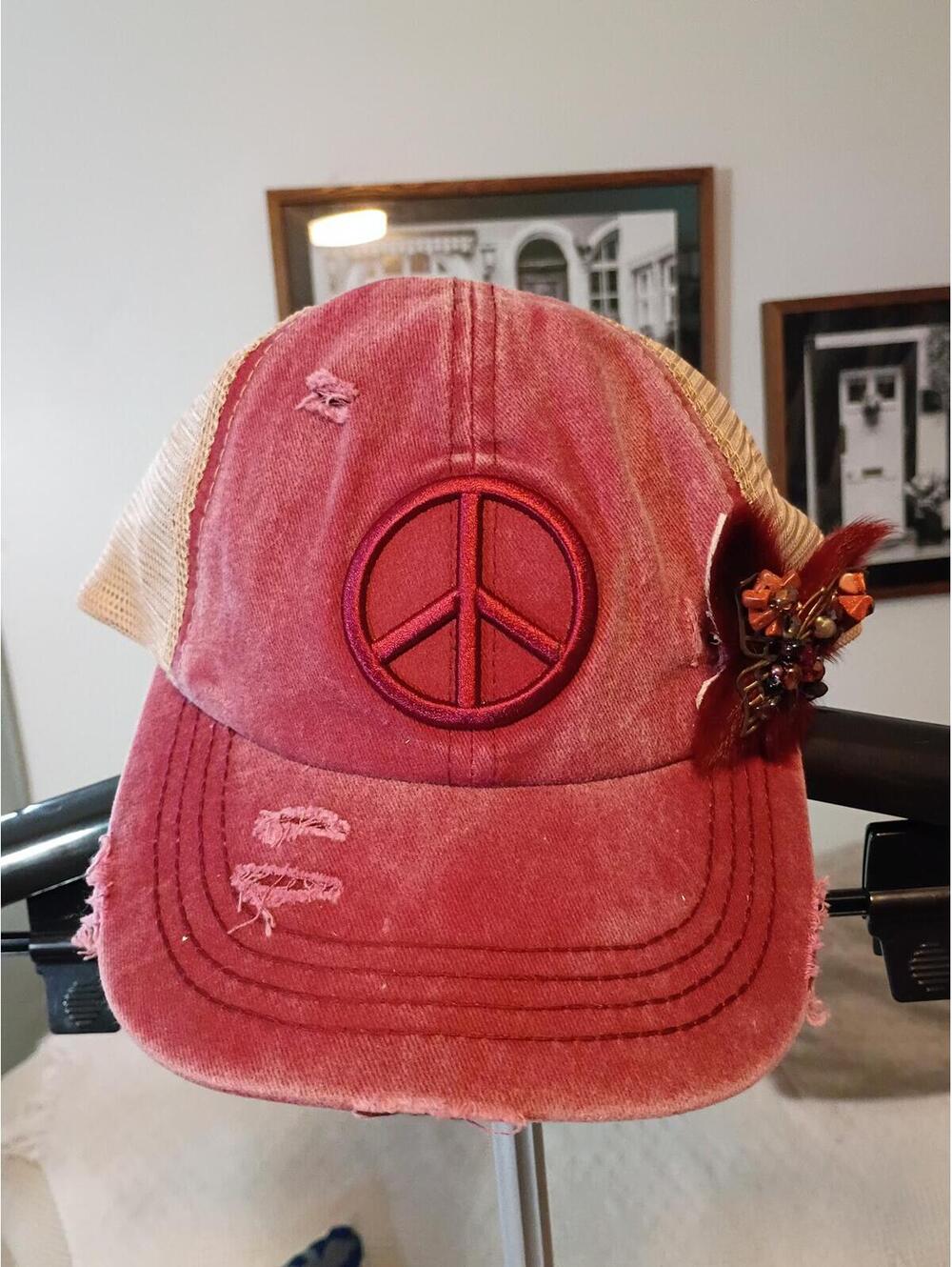 Distressed Red Peace Sign Trucker Hat with Butterfly Accent